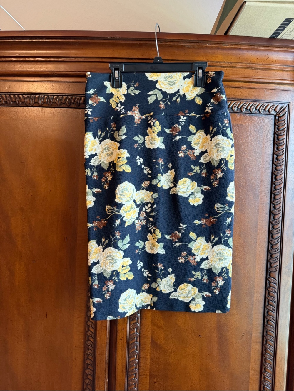 LuLaRoe Black Pencil Skirt with Yellow and Cream Floral Print